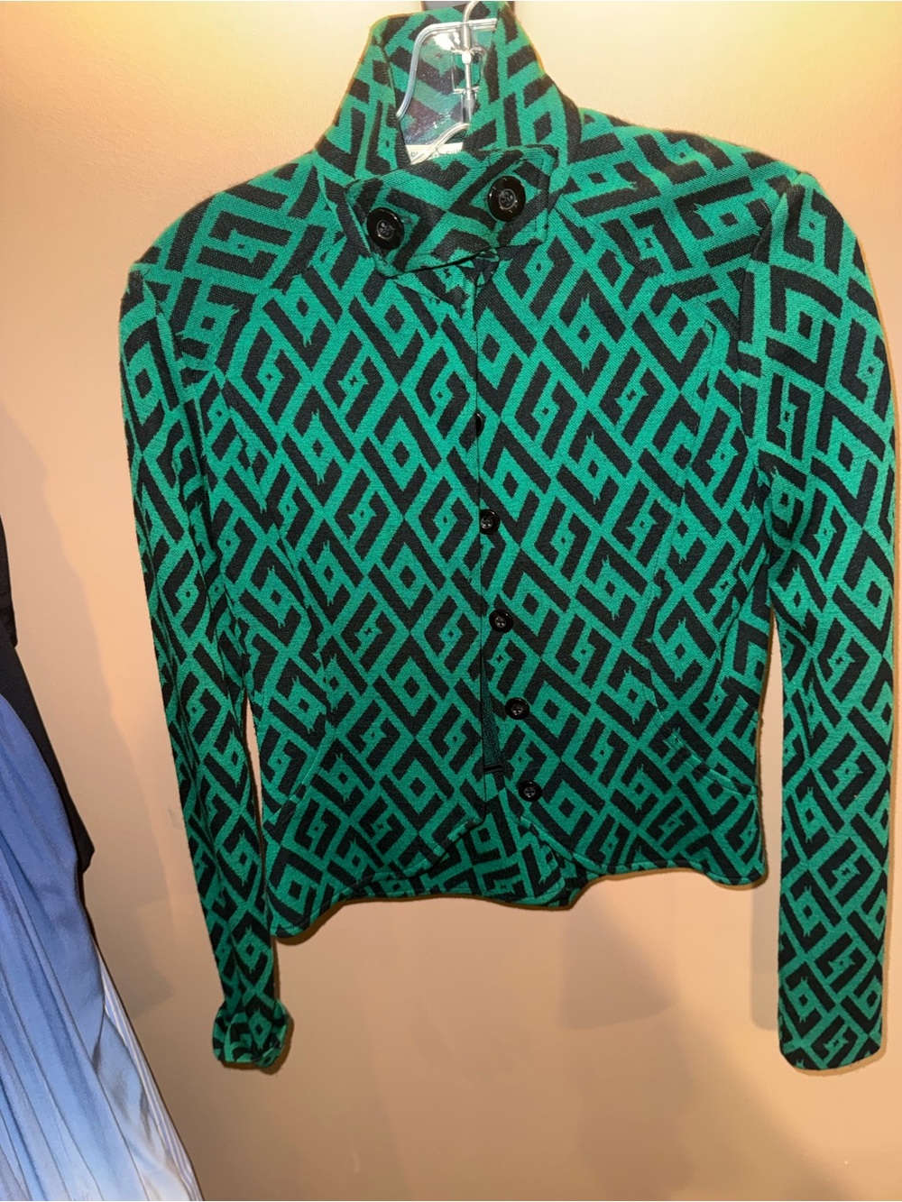 Diane Von Furstenberg Green and Black Geometric Blazer Jacket